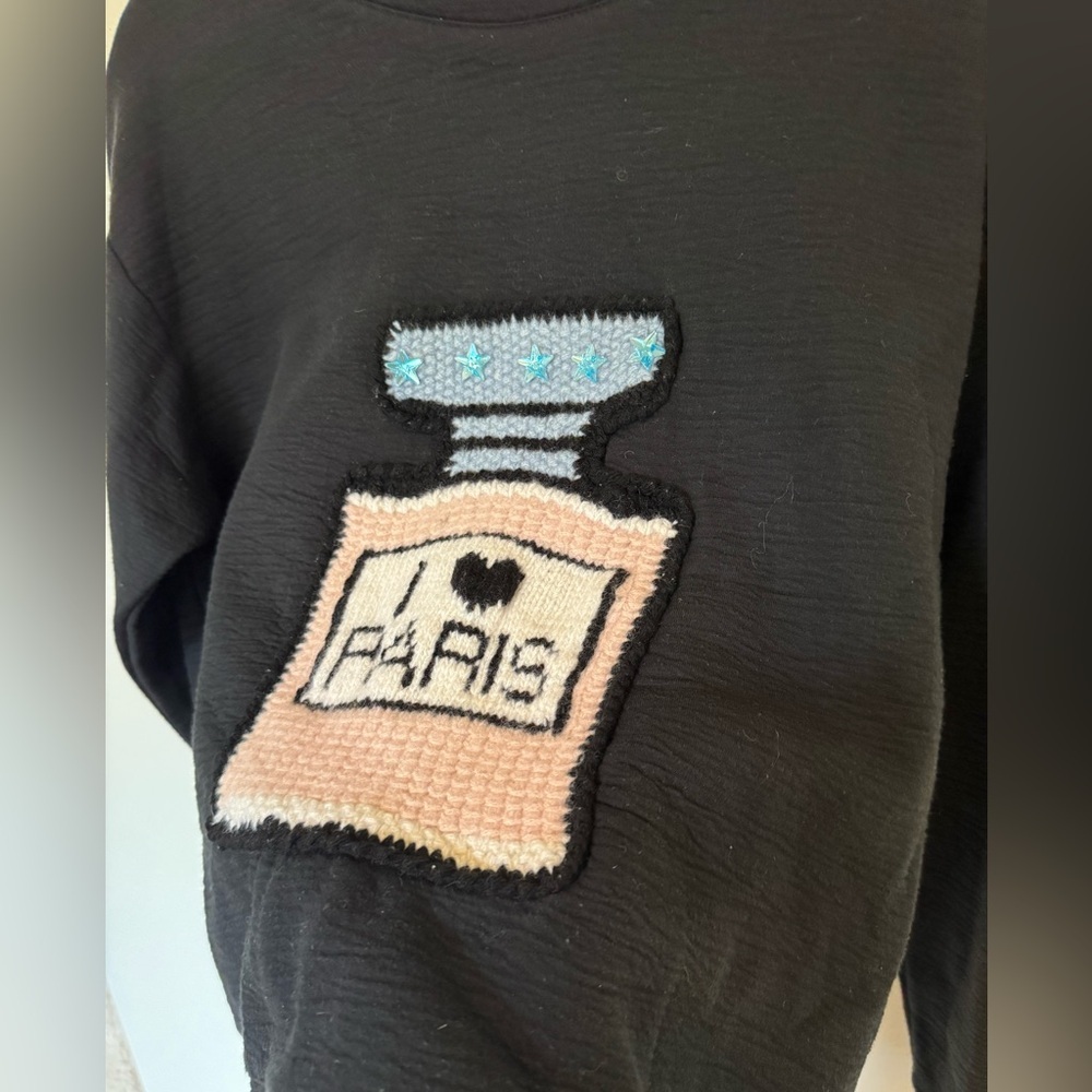 Michaela Buerger I Love Paris Crewneck Sweatshirt Black Medium Stretch EUC - Picture 6 of 8